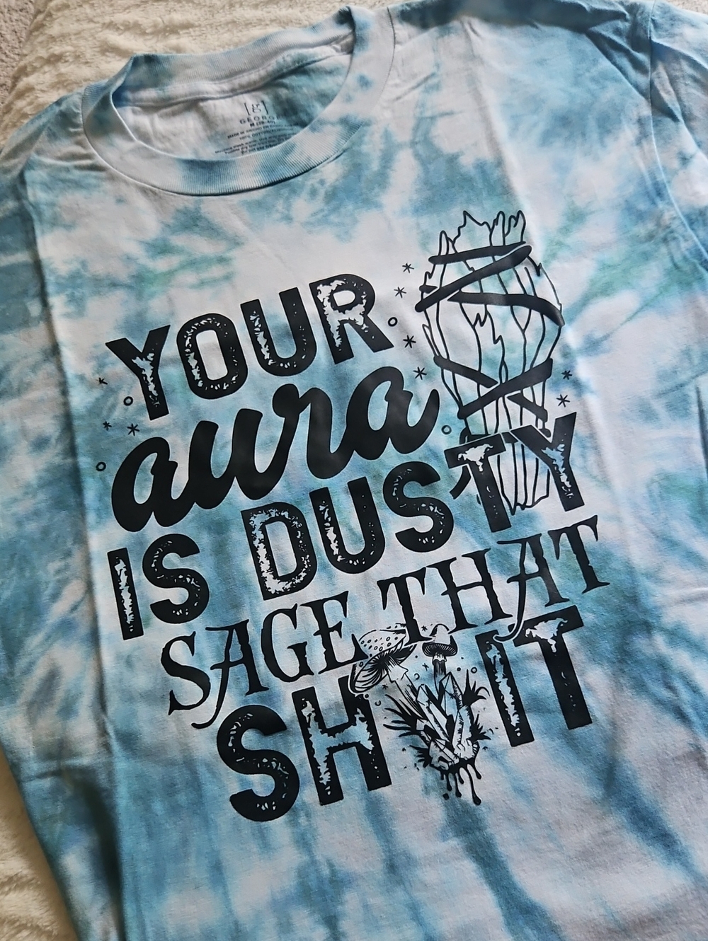 George Light Blue and White Tie-Dye Short Sleeve Tee with Black Graphic